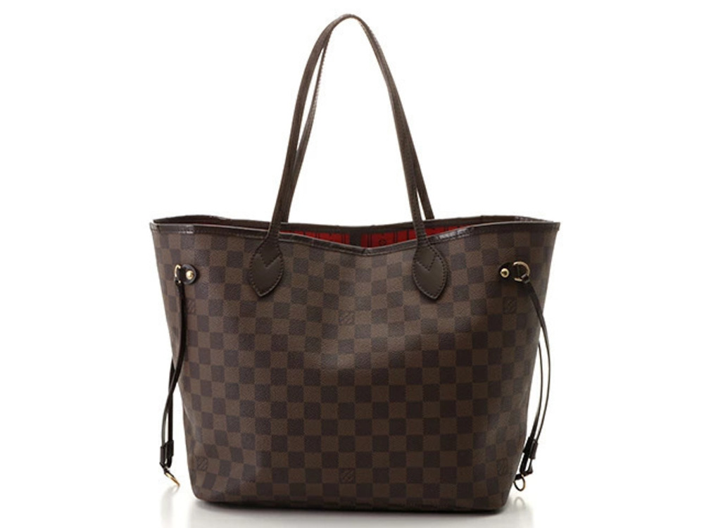 LOUIS VUITTON Neverfull Damier Ebene Brown Cerise Red
